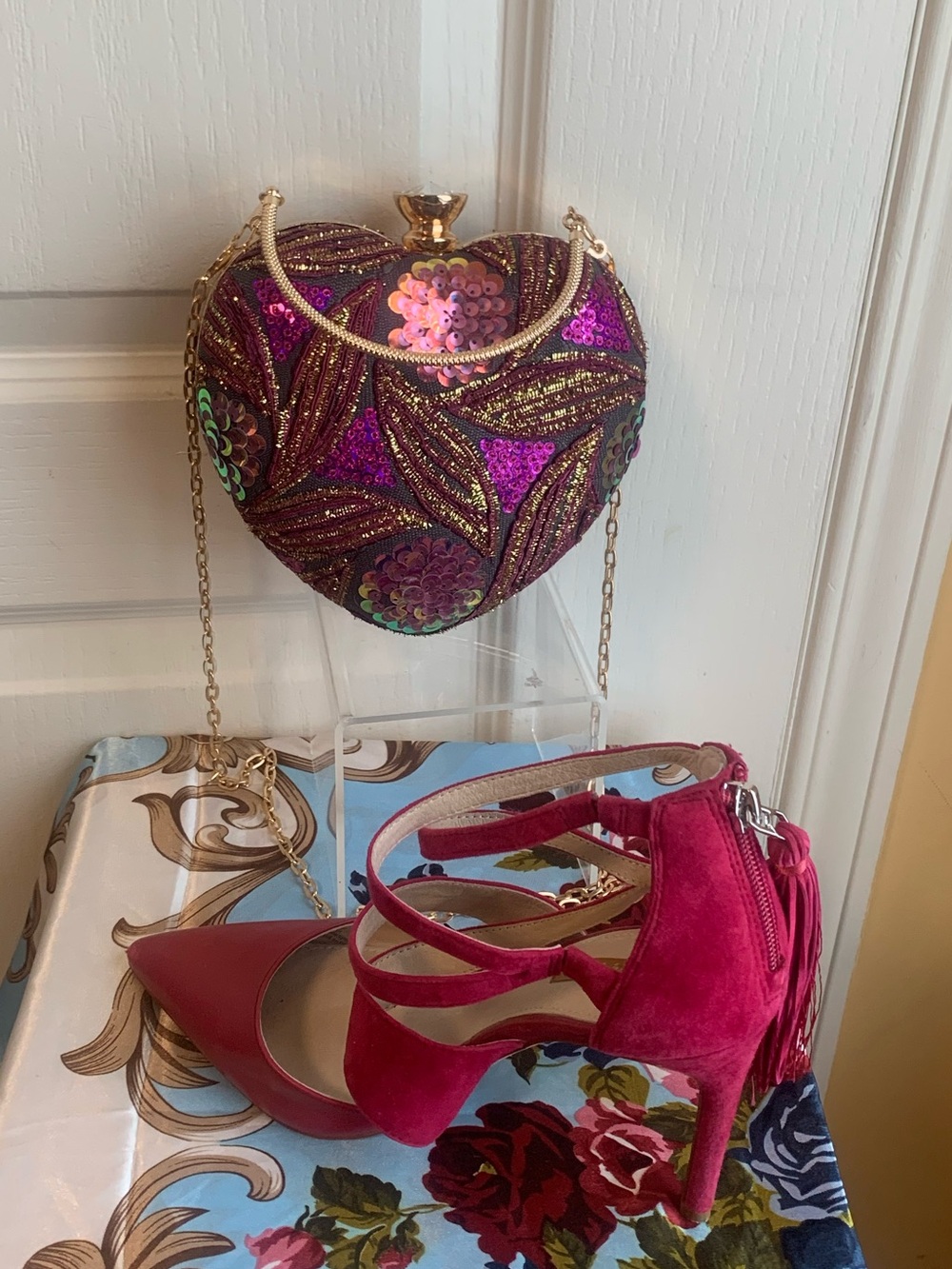 Pink Heart Mini Bag sequins Gold Chain Strap